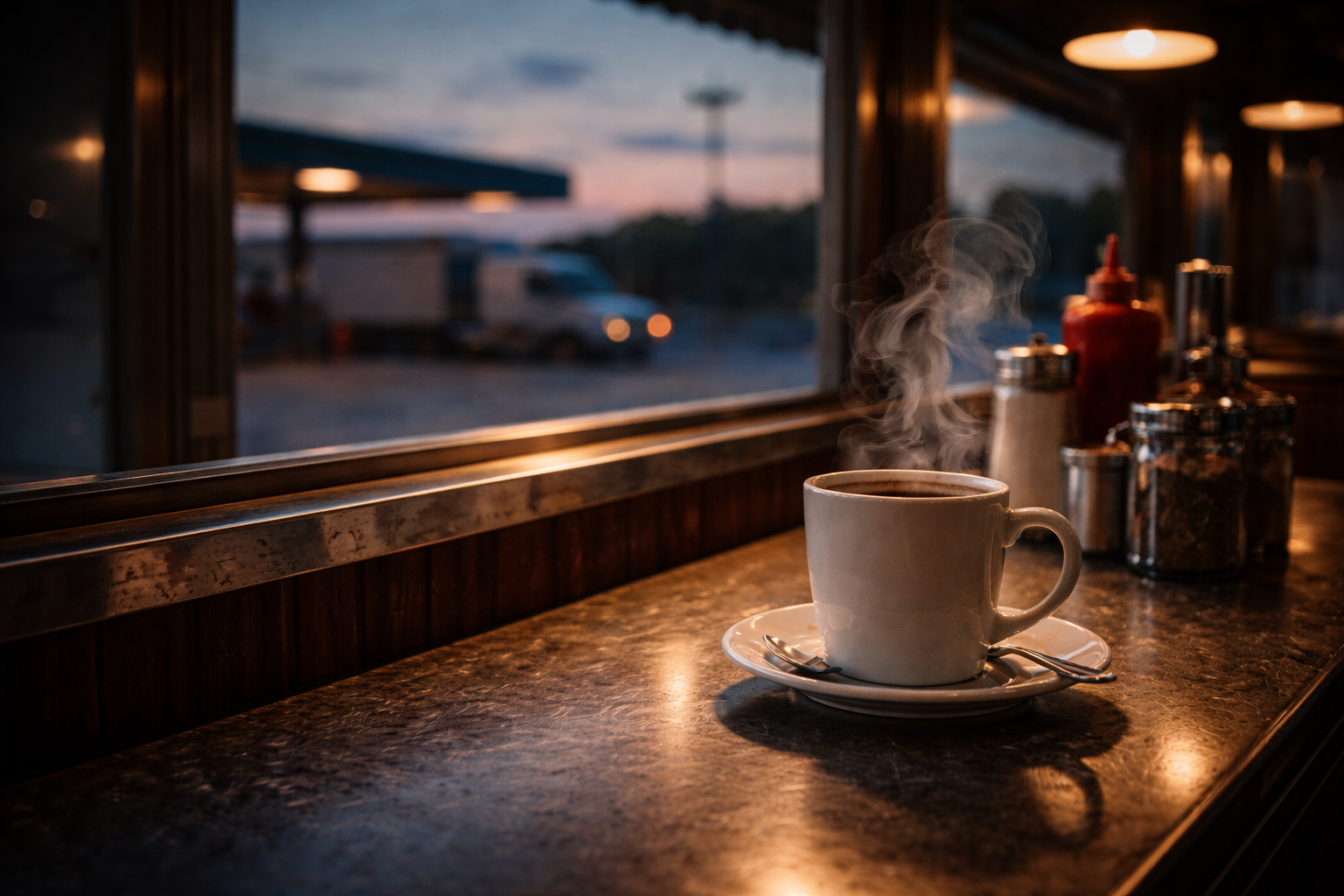 Steaming coffee cup on a counter with a window view of a truck outside.