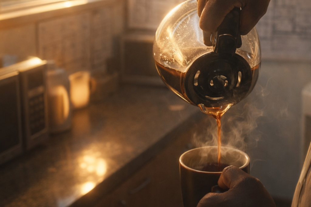 Person pouring coffee from a glass pot into a mug in a kitchen.