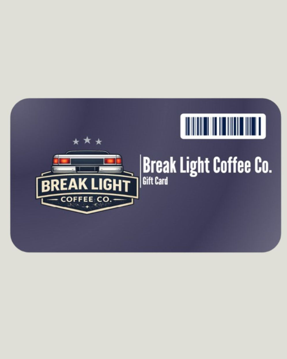 Break Light Coffee Co. gift card with a car logo on a blue background
